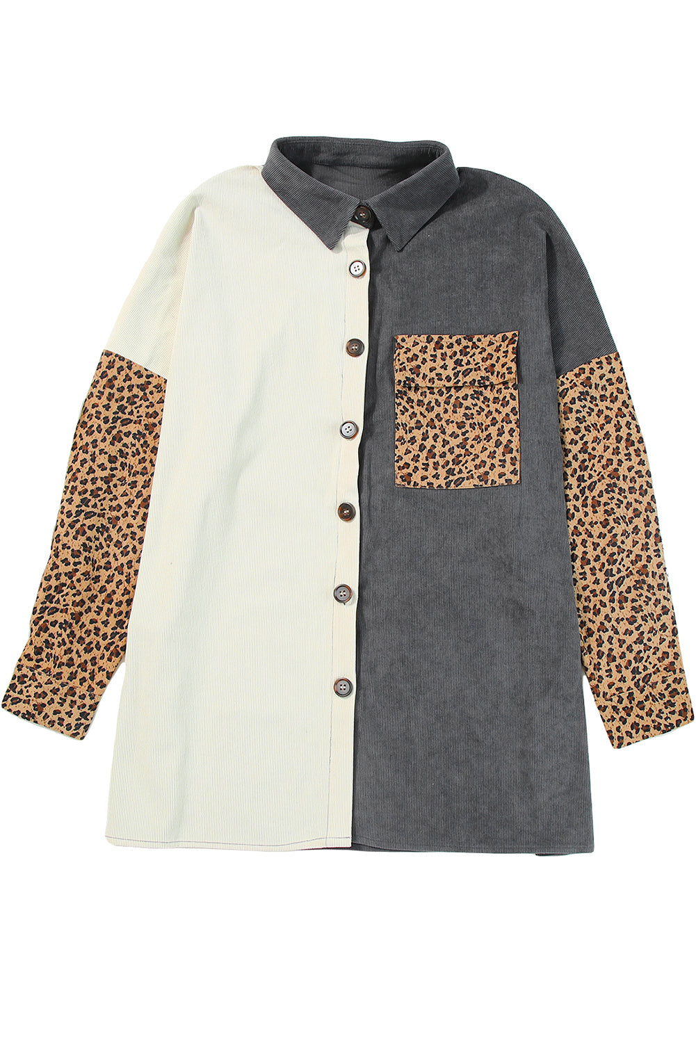 Veste-chemise en velours côtelé à patch léopard color block gris