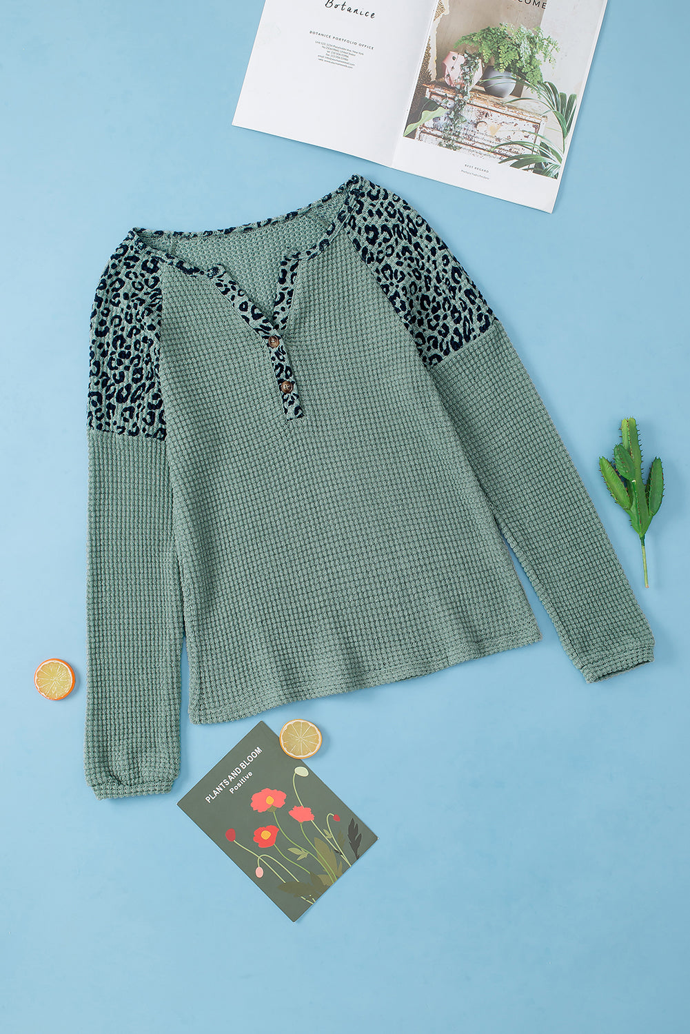 Green Leopard Waffle Knit Buttoned V Neck Blouse
