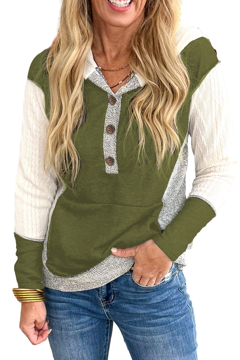 Majica s kapuljačom s klokanskim džepom i teksturom u boji Jungle Green Color Block