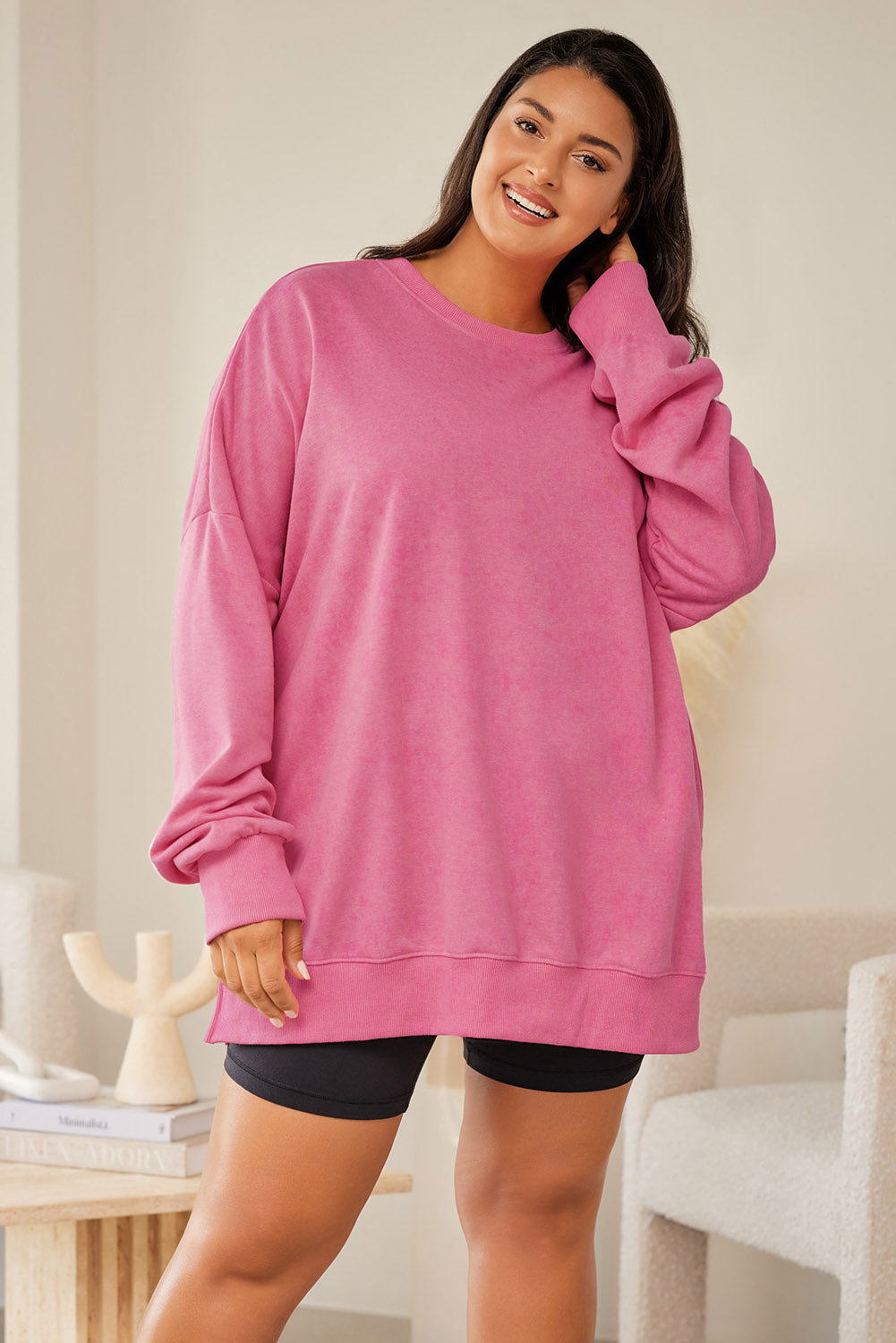 Sweat-shirt rose à épaules tombantes et bordure côtelée, grande taille