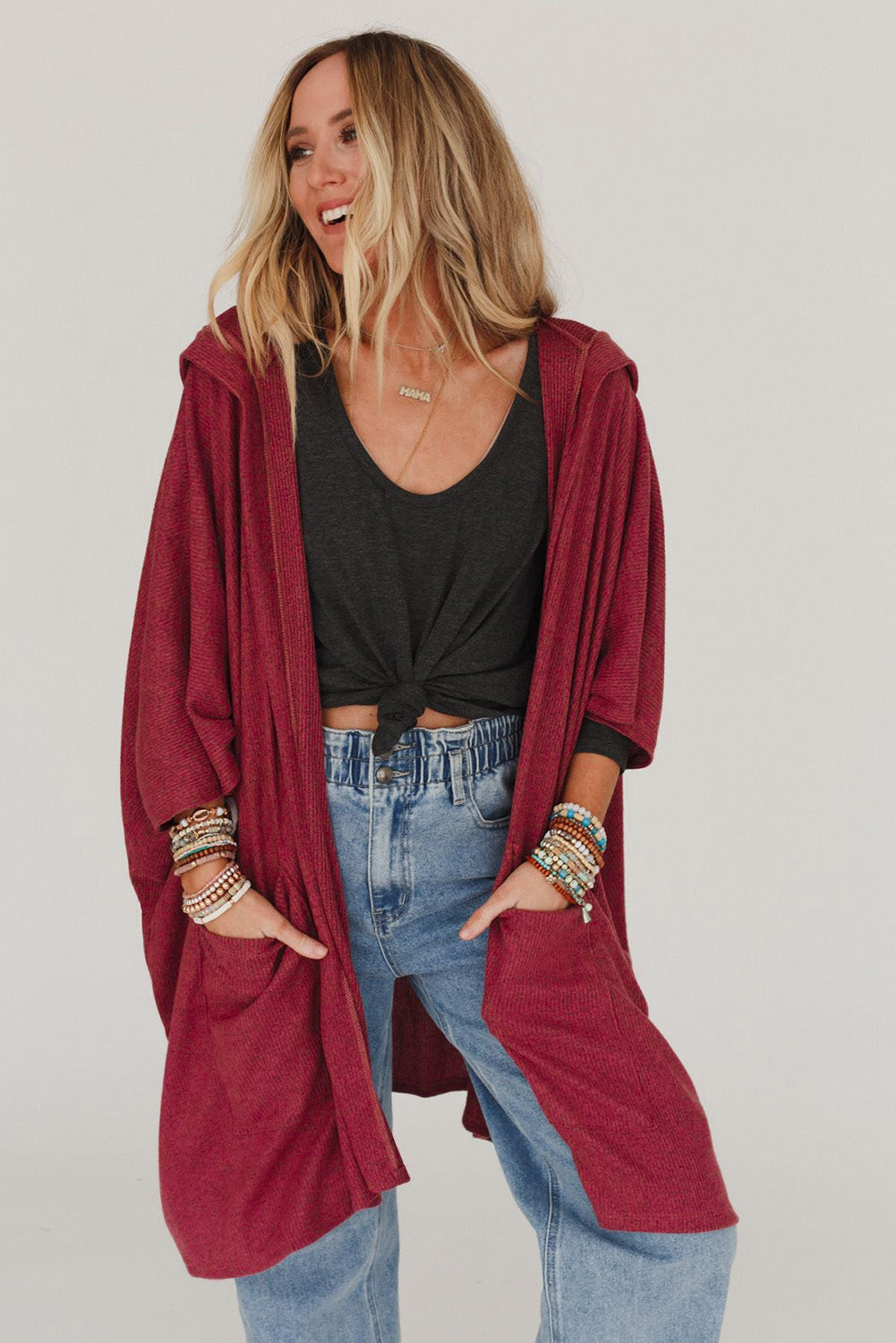 Fiery Red Bracelet Sleeve Pocketed Open Front Hooded Cardigan