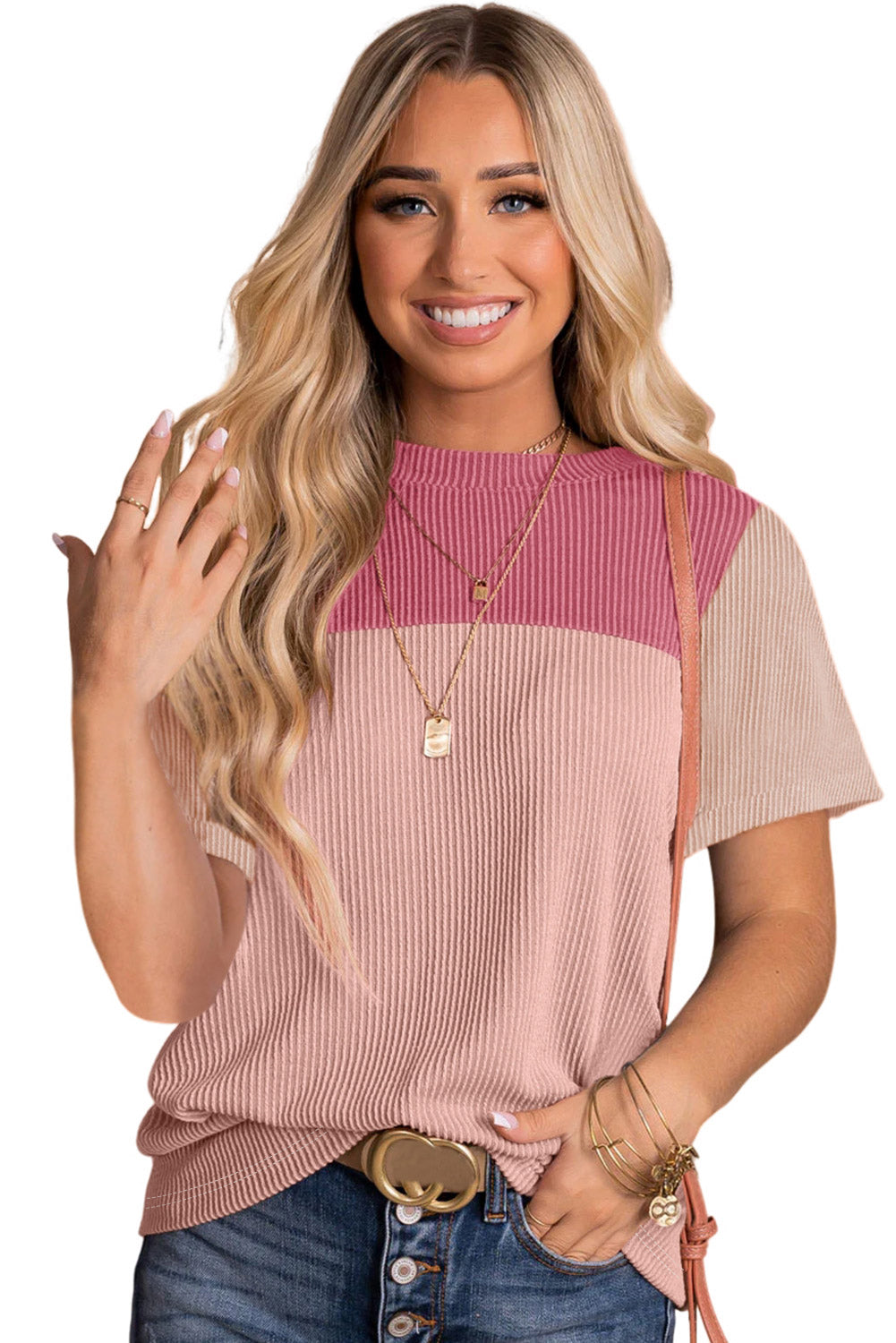 Majica kratkih rukava s ružičastom rebrastom teksturom Colorblock