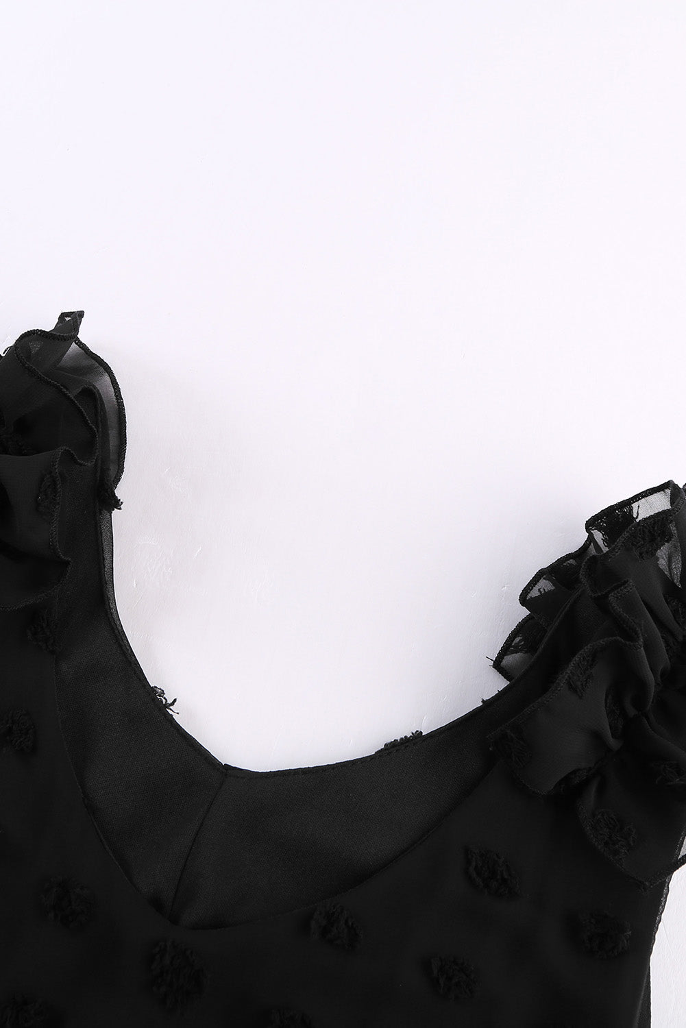 Črna švicarska mini obleka brez rokavov z v-izrezom in naborki
