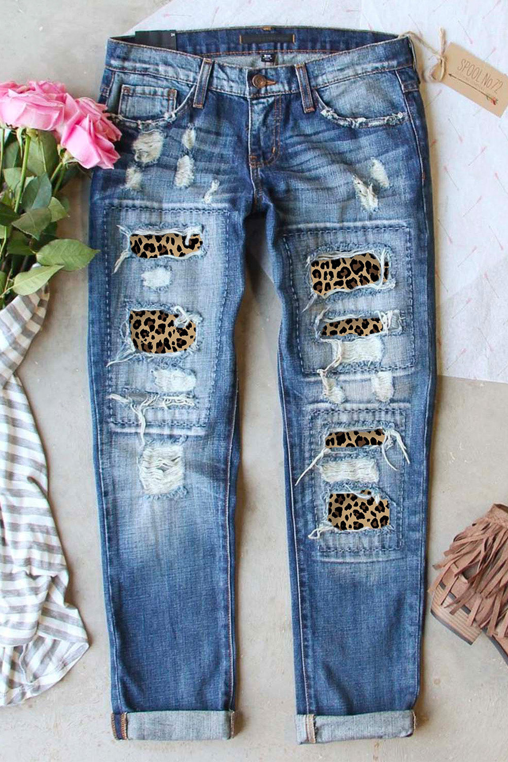 Distressed Leopard Patchwork Straight Leg Jeans