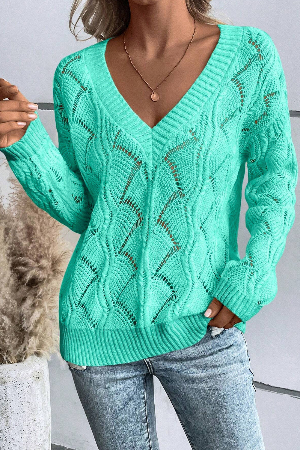 Mint Green Hollow Out Knit V Neck Drop Shoulder Sweater