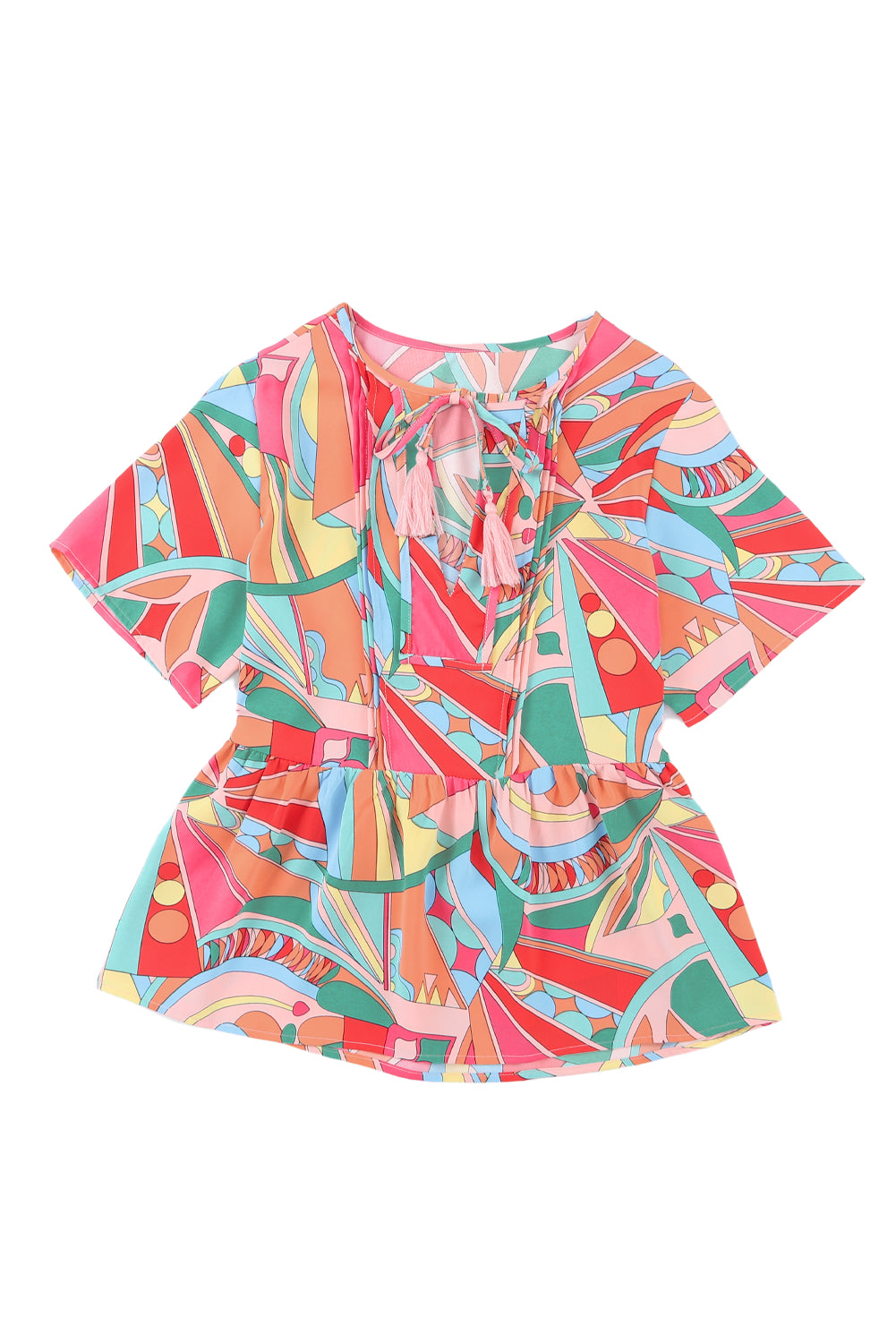 Mehrfarbige, fließende Bluse mit abstraktem Boho-Muster und geteiltem V-Ausschnitt