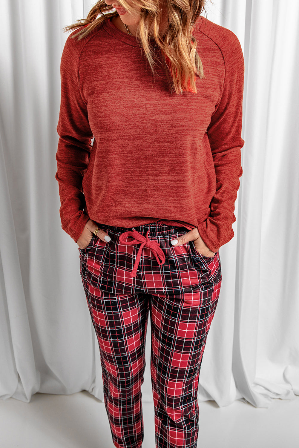 Solid Long Sleeve Top and Plaid Pants Loungewear