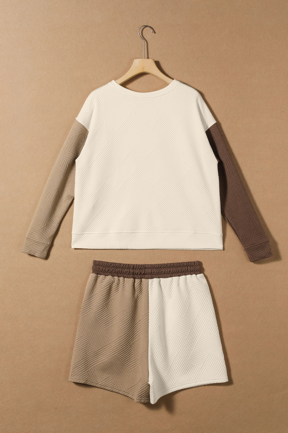 Multicolour Contrast Sleeve Color Block Pullover Shorts Textured Outfit