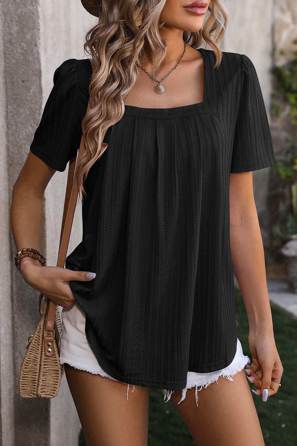 Black Chic Texture Square Neck Short Sleeve Babydoll Top