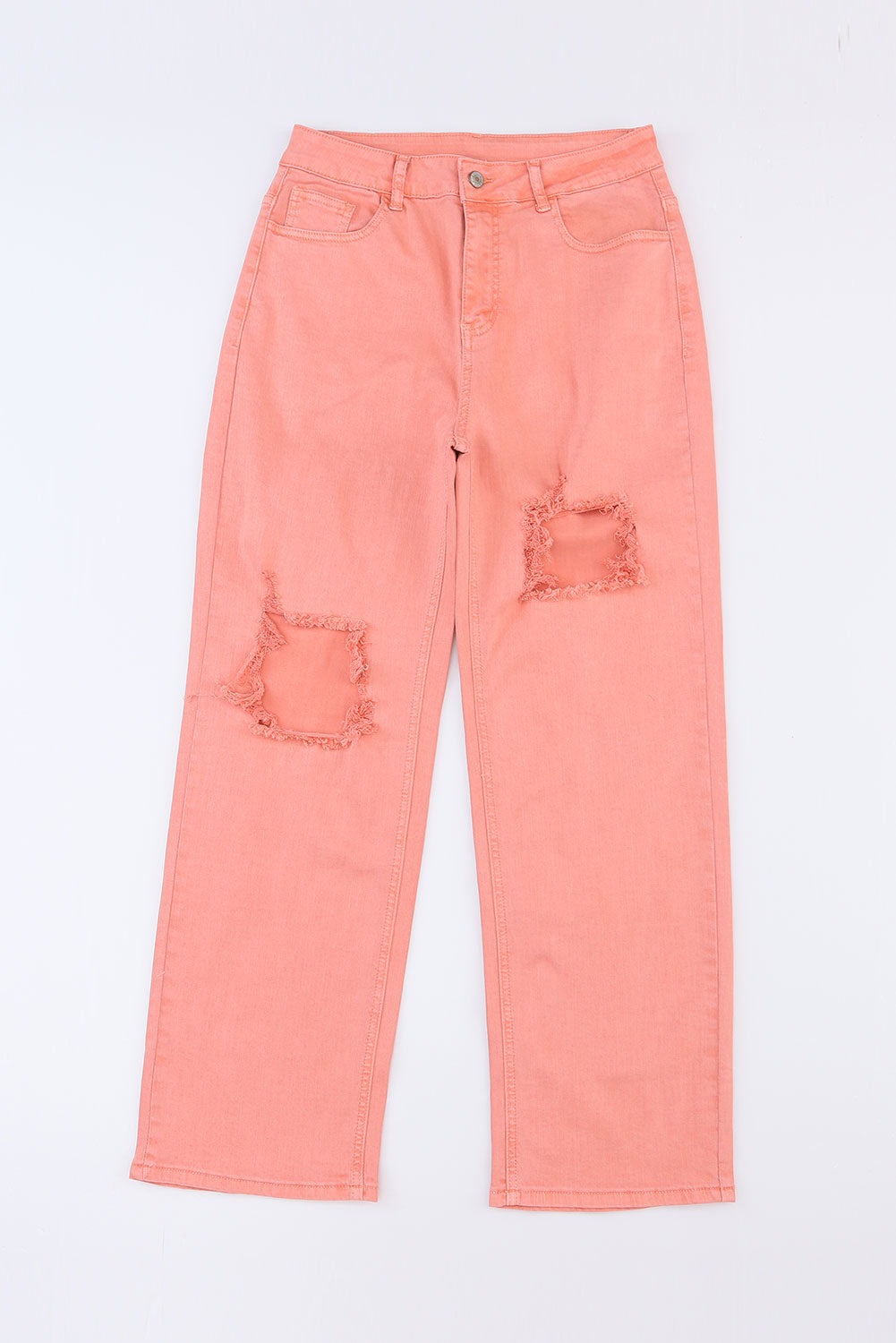 Ružičaste poderane ravne traperice s džepovima visokog struka