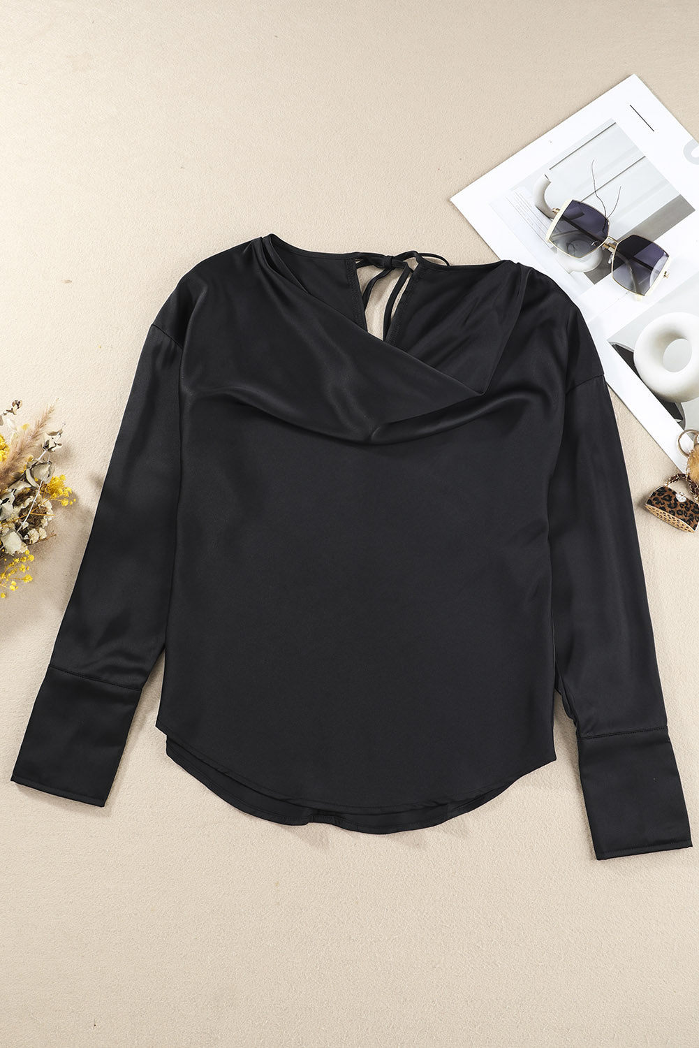 Black Cowl Neck Long Sleeve Elegant Blouse