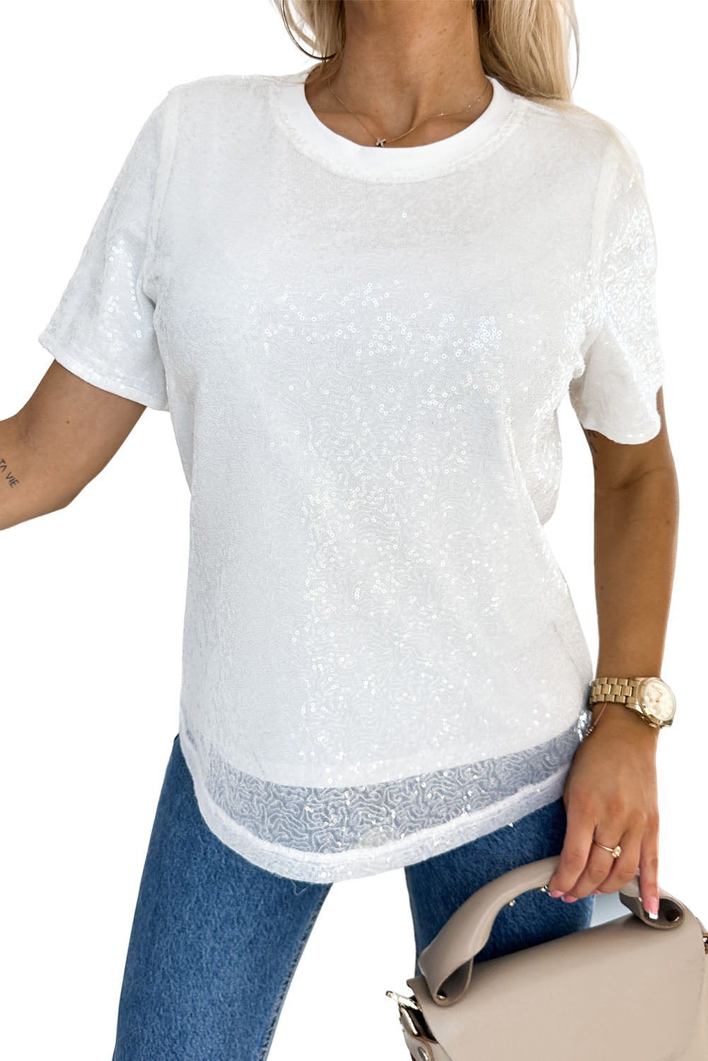 White Sequin Glitter Casual T Shirt