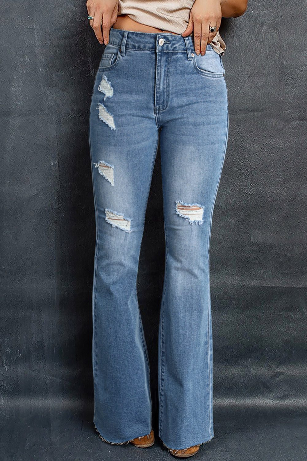 Sky Blue Dark Wash Mid Rise Flare Jeans