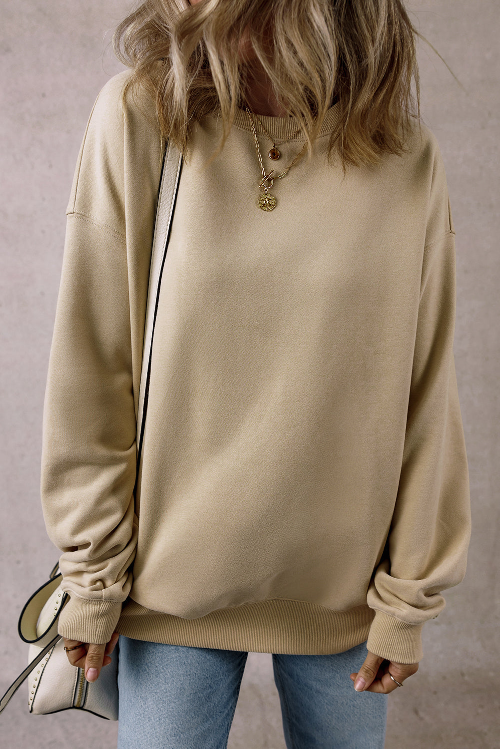 Parchment Solid Lockeres Fleece-Sweatshirt mit Rundhalsausschnitt