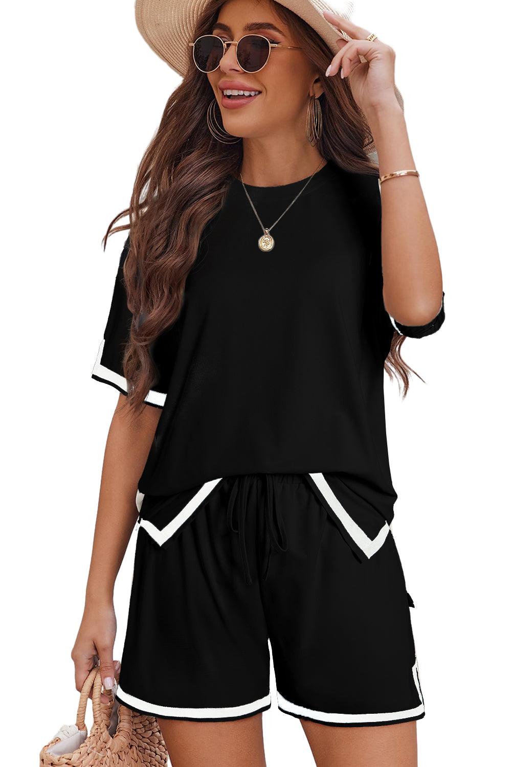 Black Contrast Trim Tee and Shorts Set