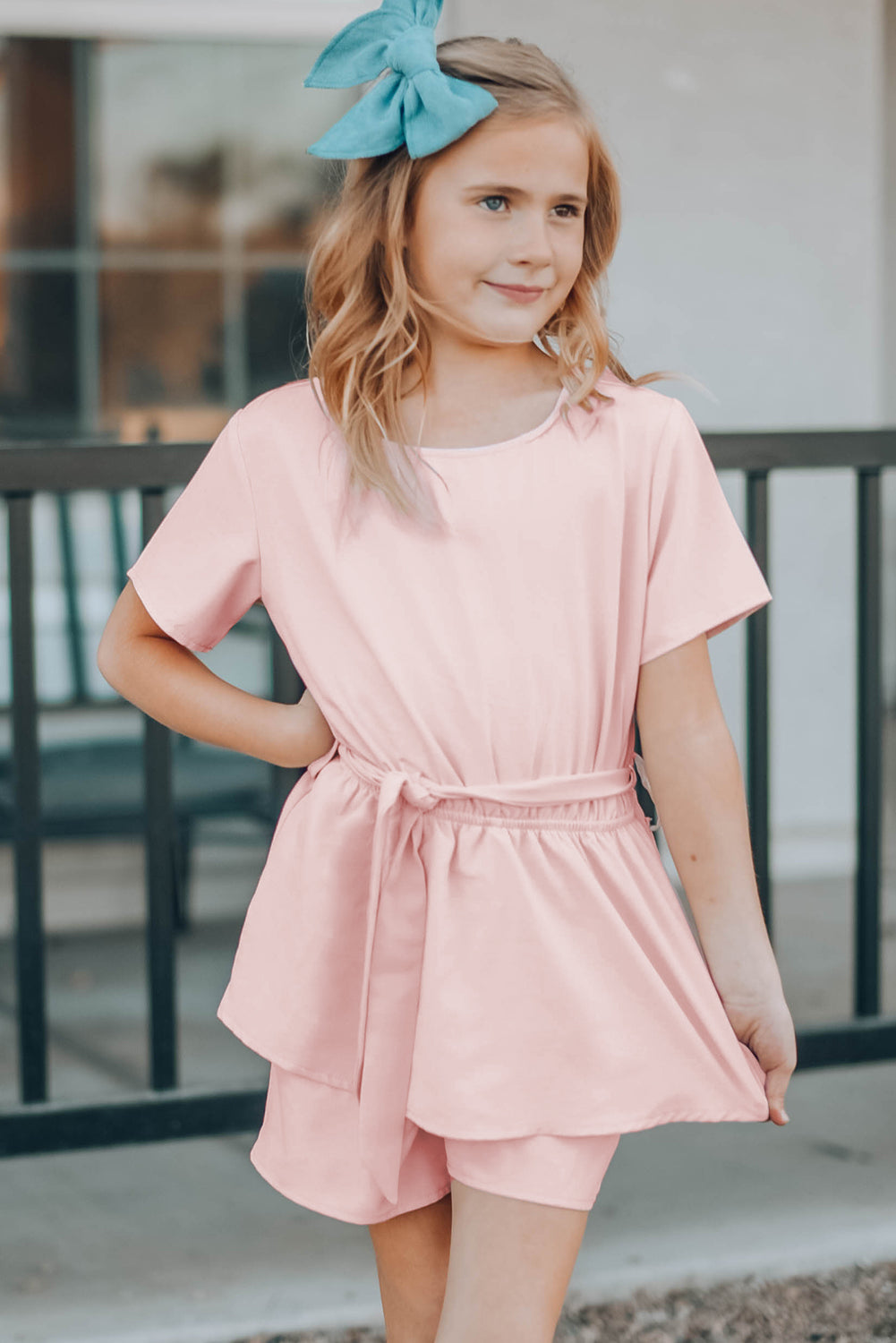 Pink Keyhole Back Belted Peplum Girls Romper