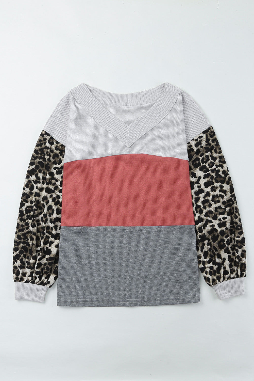 Haut en tricot gaufré color block à manches contrastées léopard sauvage rouge vif