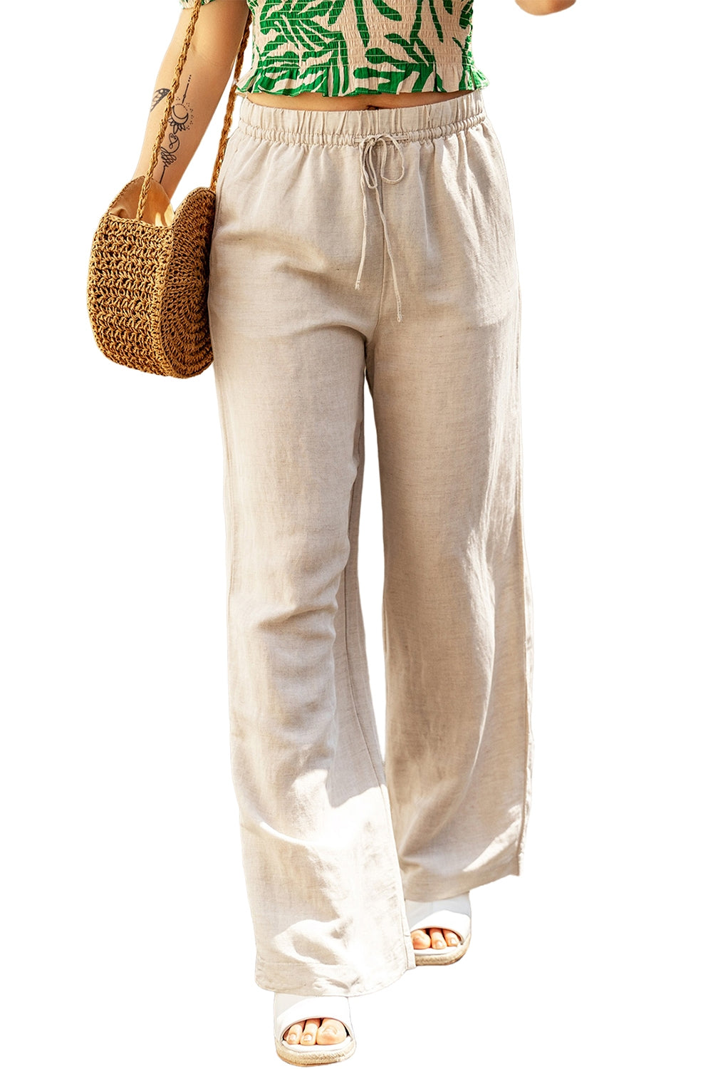 Pantalon ample en lin abricot avec cordon de serrage élastique à la taille