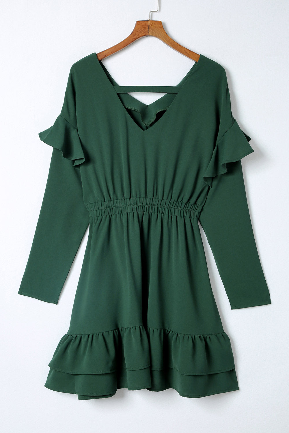 Mini-robe taille haute à volants et col en V de couleur unie verte