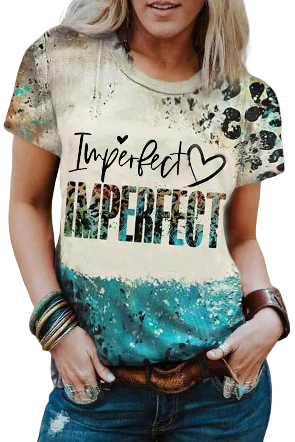 Himmelblaues IMPERFECT Western Fashion Letters Grafik-T-Shirt