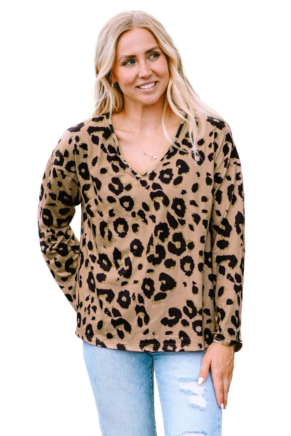 Siva majica z dolgimi rokavi z v-izrezom in razcepljenimi sklepi v obliki leoparda