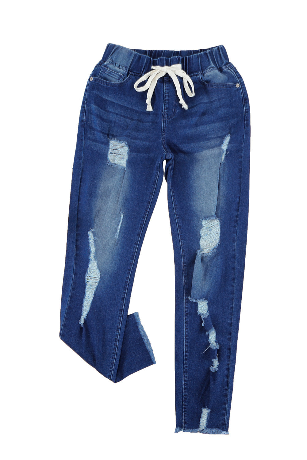 Blue Drawstring Elastic Waist Hole Ripped Jeans