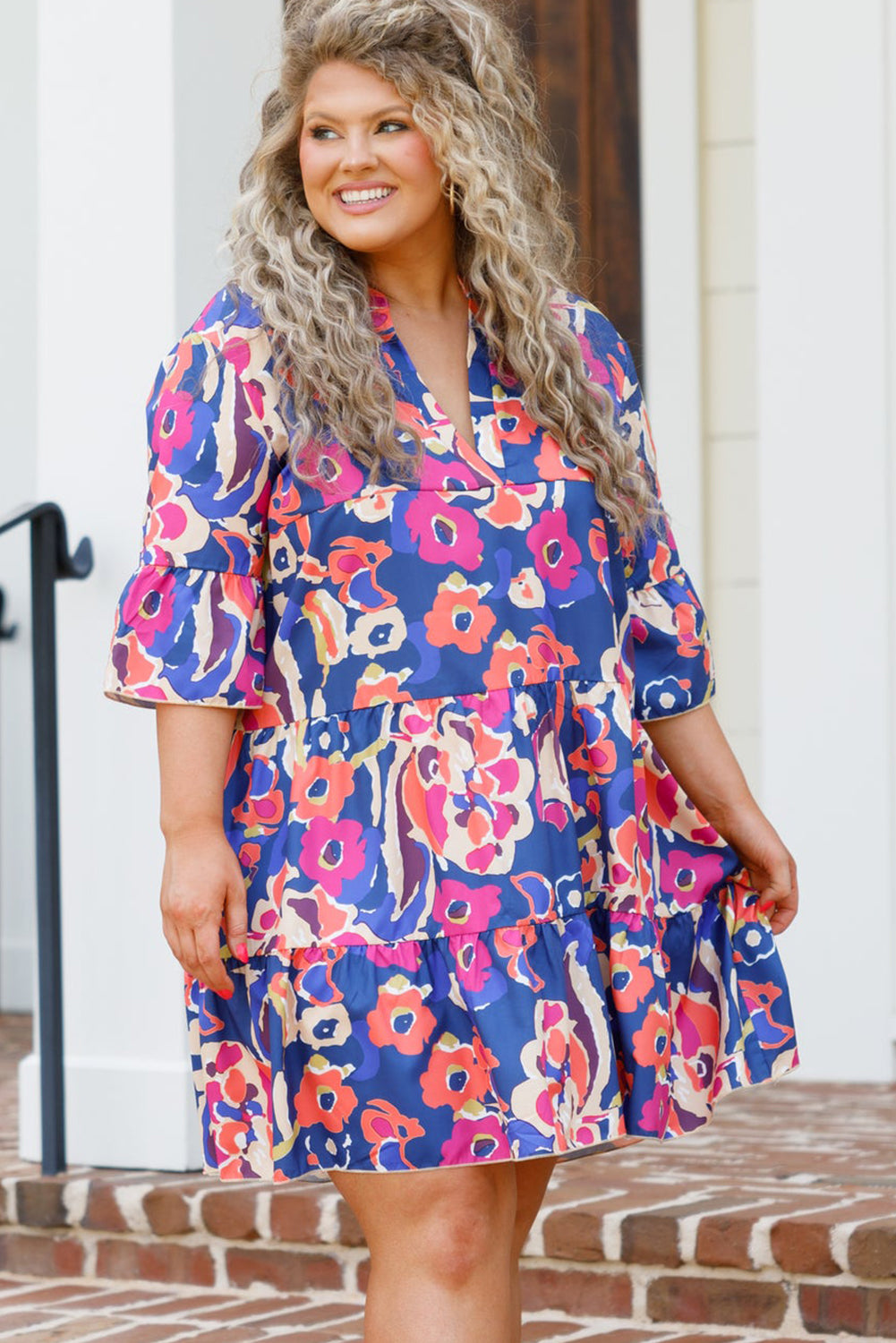 Blue Plus Size Floral Print Ruffled 3/4 Sleeve Mini Dress