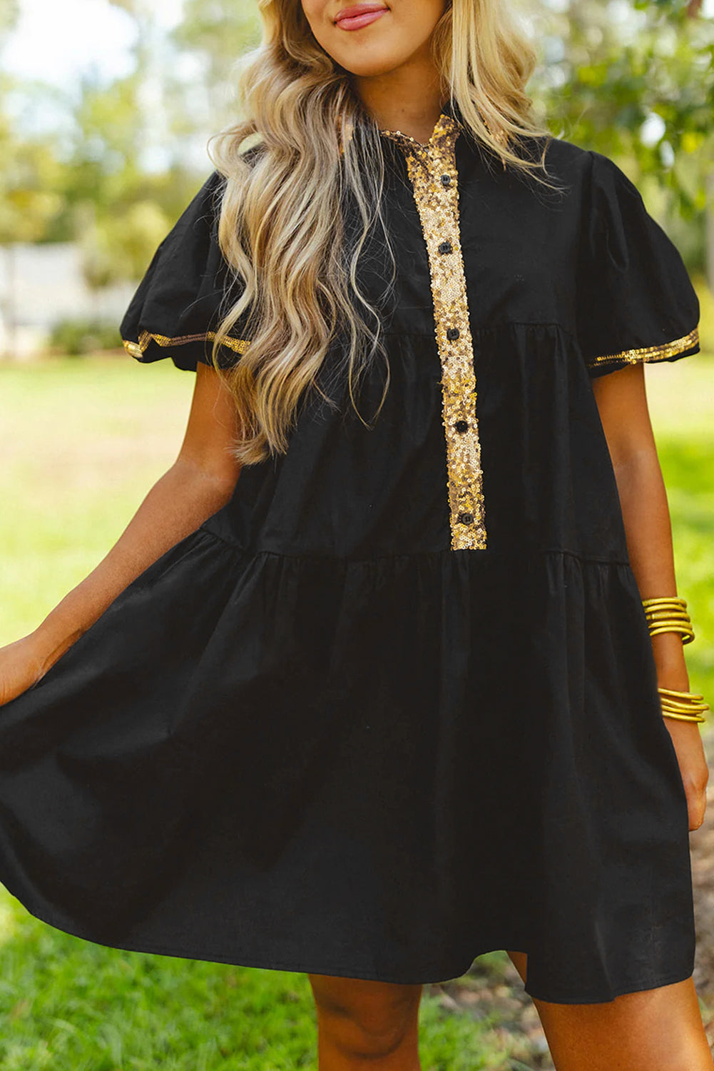 Black Sequin Trim Bubble Sleeve Game Day Shirt Dress