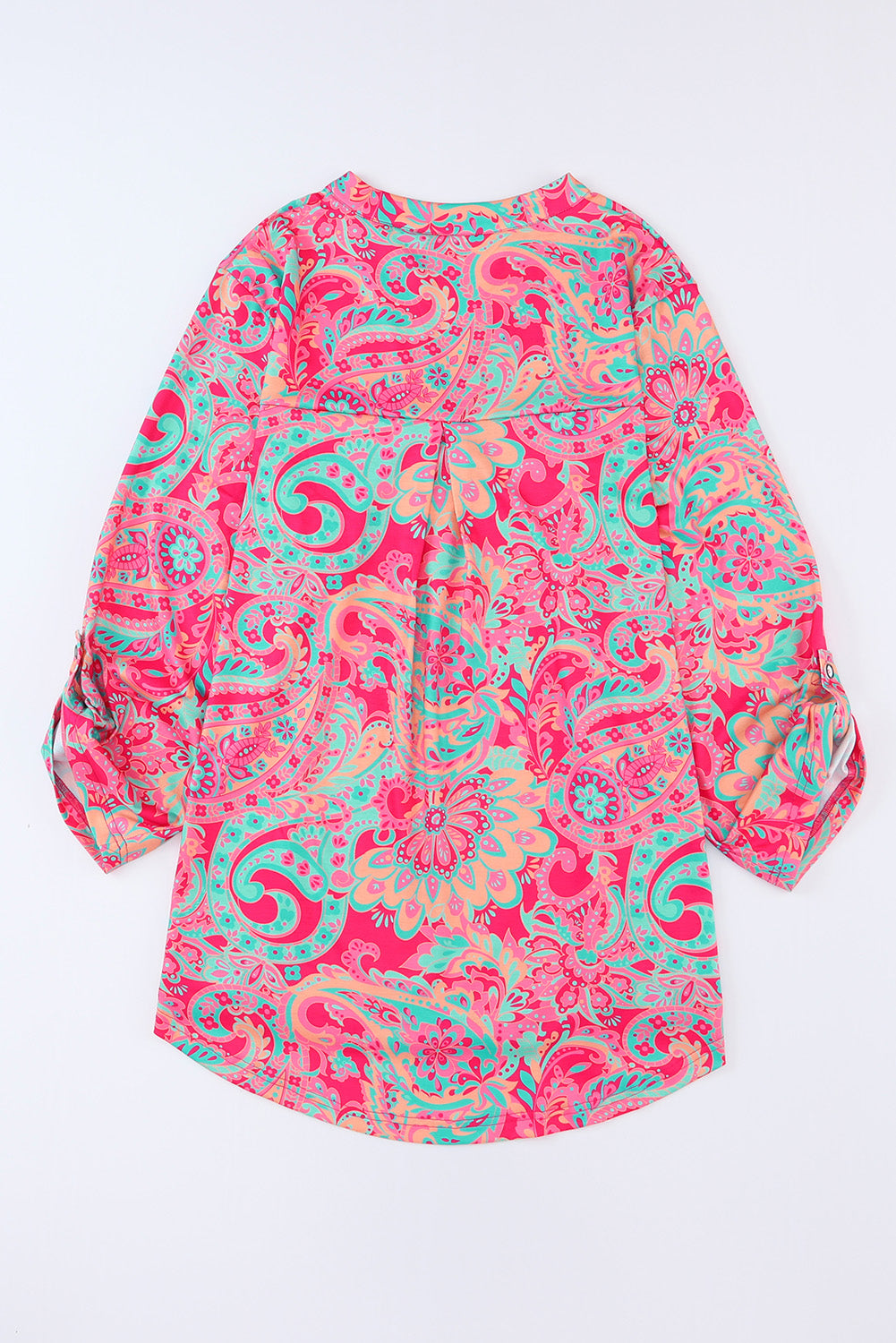 Pink Printed Plus Size Paisley Print V Neck Roll Tab Sleeve Blouse