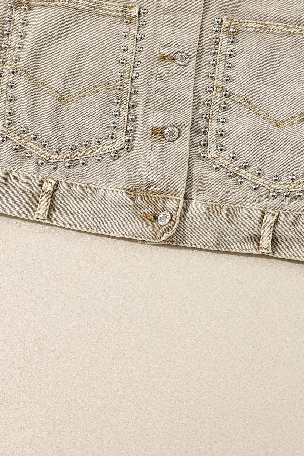 Light French Beige Rivet Studded Pocketed Denim Jacket