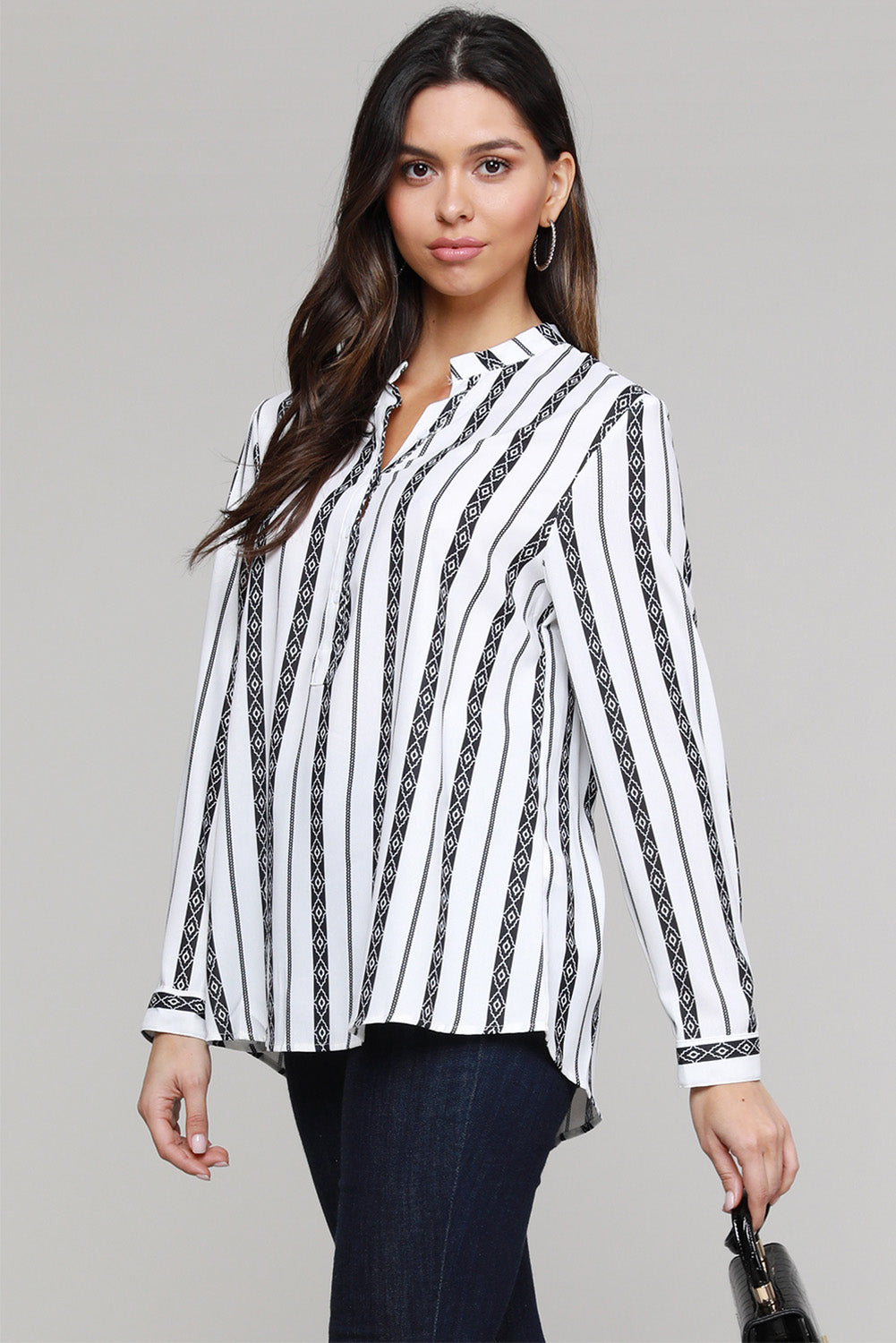 Black V Neck Striped Button Down Blouse