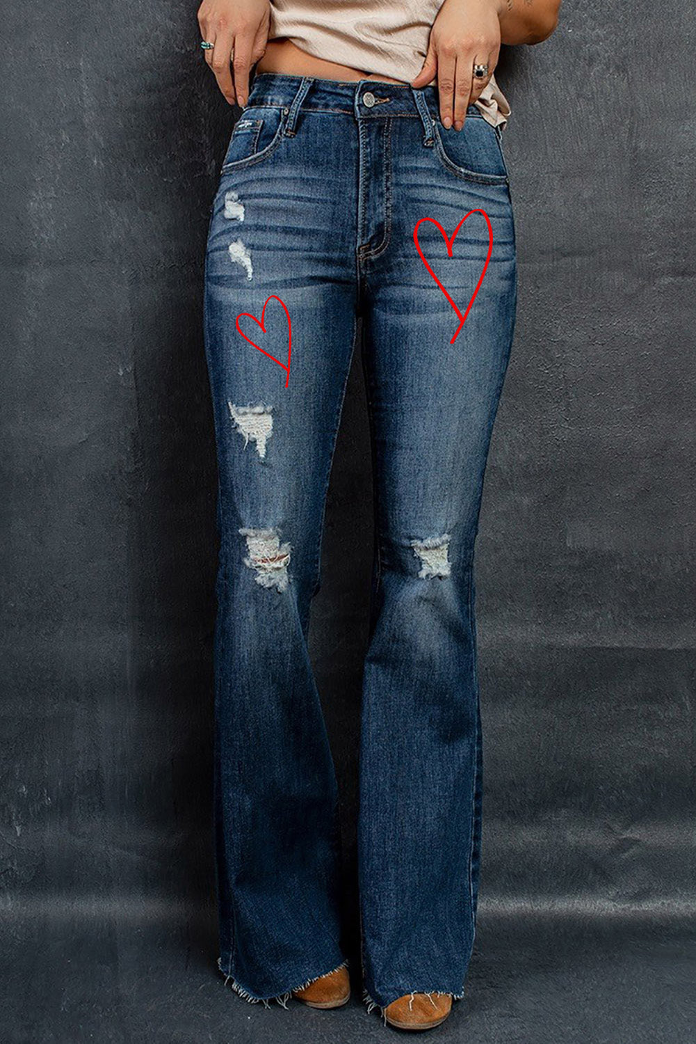 Blue Heart Print Ripped Bell Jeans