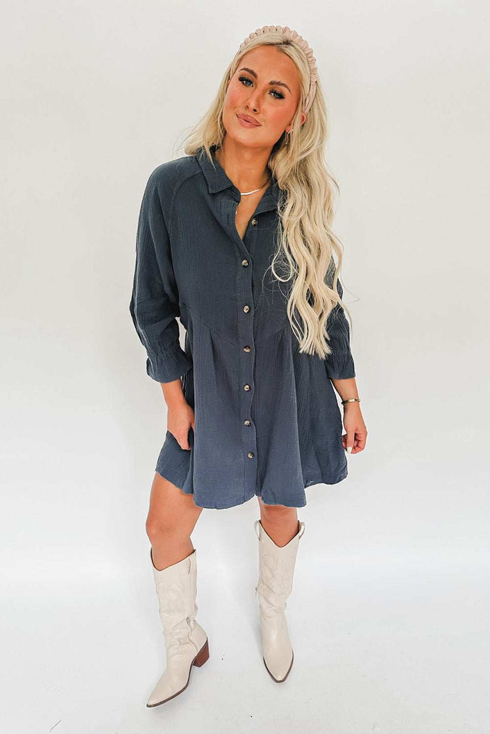 Sail Blue 3/4 Ruffled Sleeve Buttoned Crinkled Shirt Dress