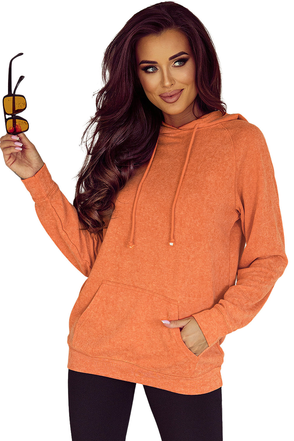 Narančasta pulover s kapuljačom s klokanovim džepom i vezicama