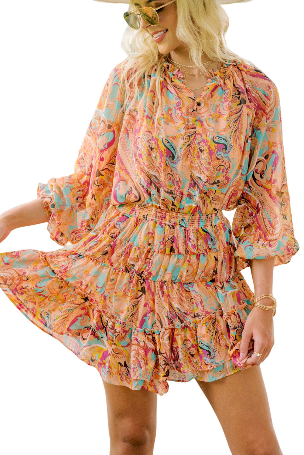 Mini-robe multicolore à volants et imprimé cachemire