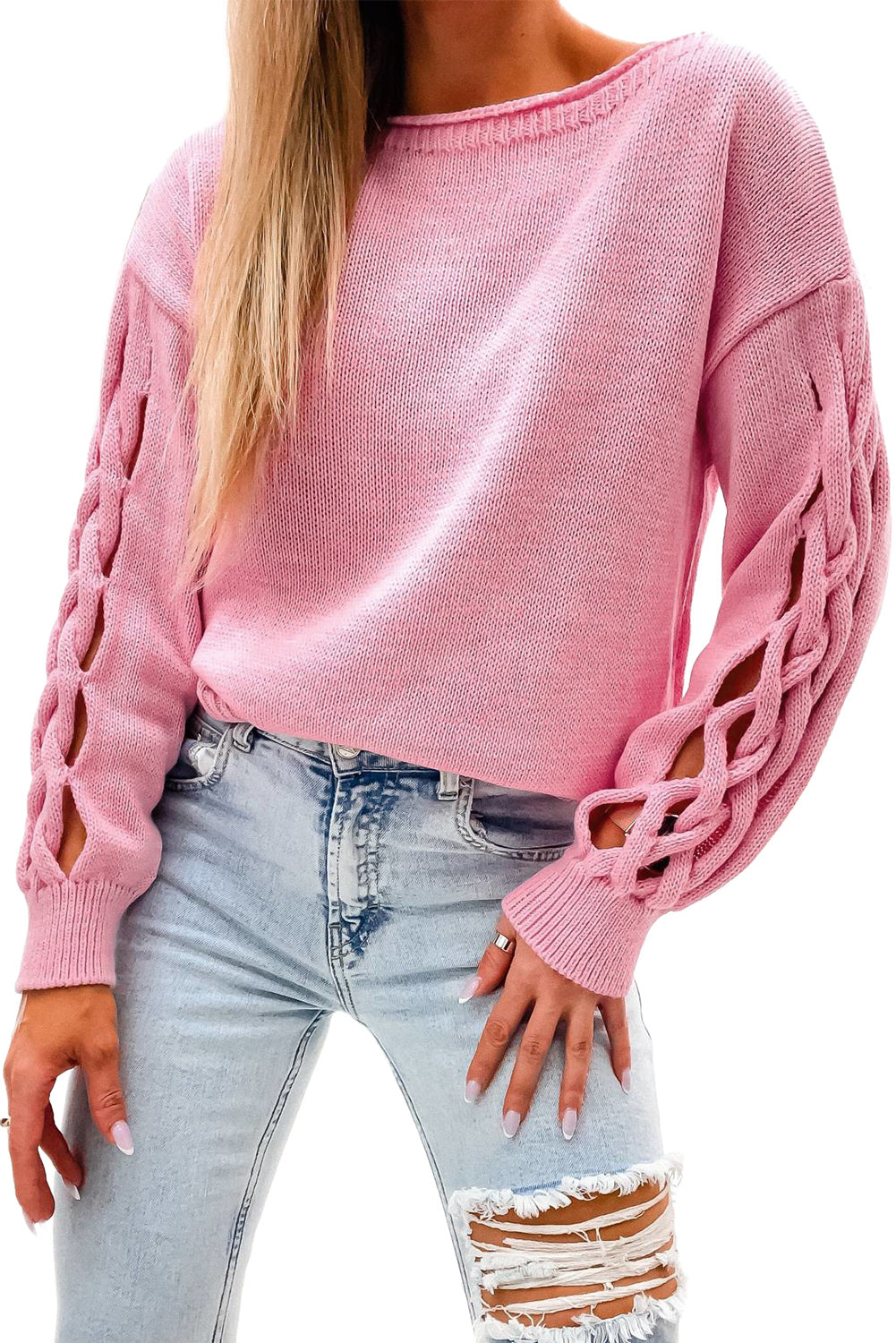 Rosa gewebter, ausgehöhlter Pullover mit abfallenden Ärmeln