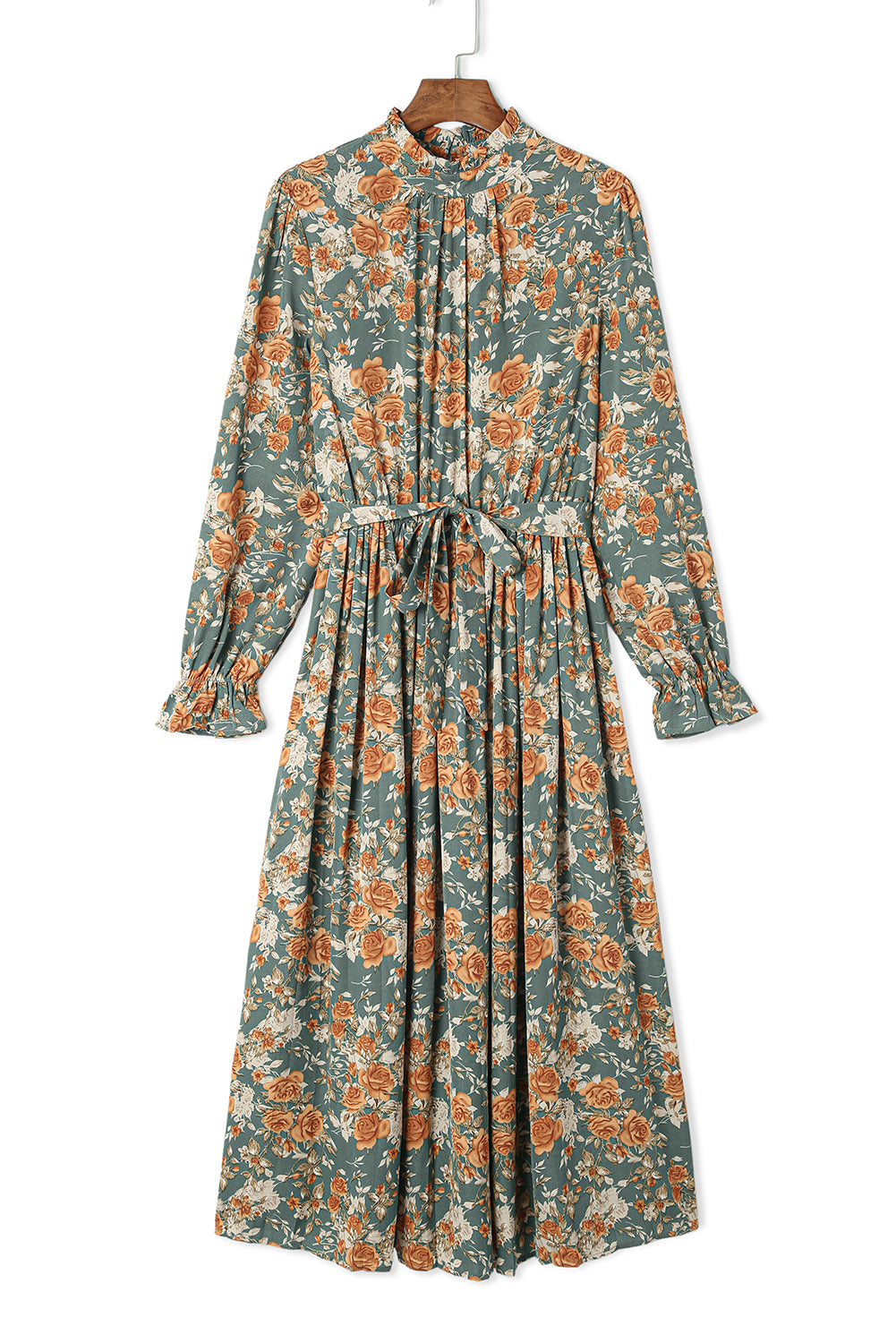 Green Pleated Long Sleeve Maxi Floral Dress with Tie