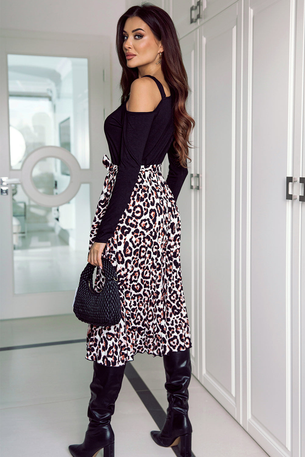 Black Asymmetric Shoulder Leopard Belted Dress