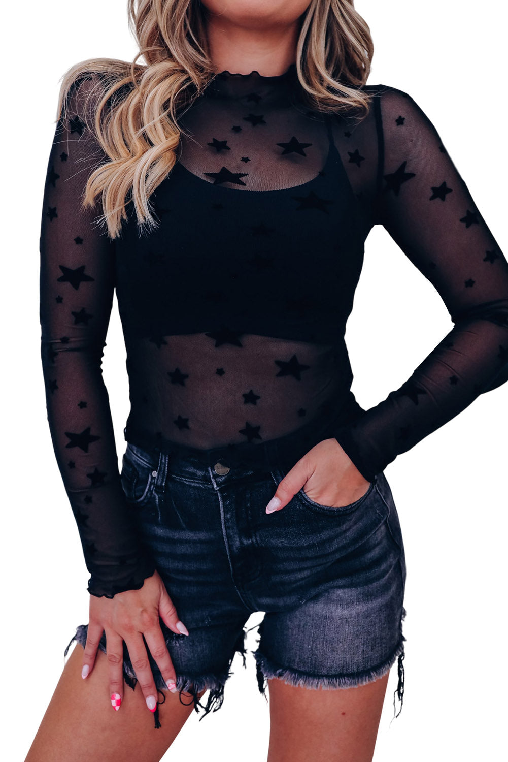 Majica z dolgimi rokavi iz prosojne mreže, okrašena s črno zvezdo