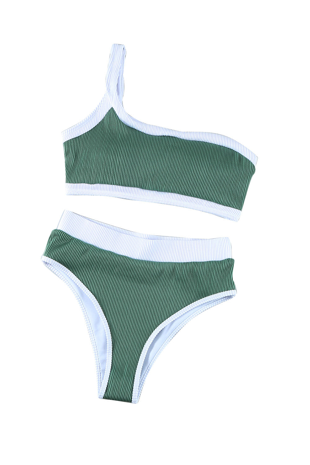 Set bikini a vita alta patchwork verde con una spalla