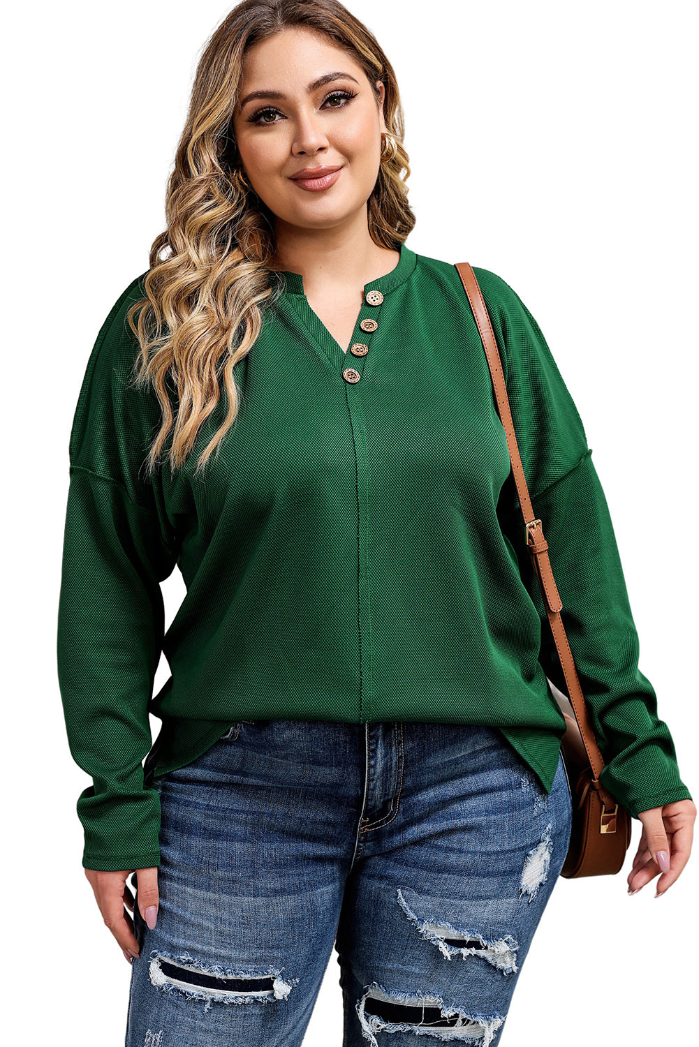 Green Exposed Seam Henley Buttoned Plus Size Long Sleeve Top