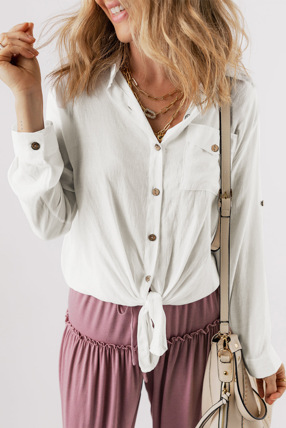 White Roll up Sleeve Knotted Casual Shirt