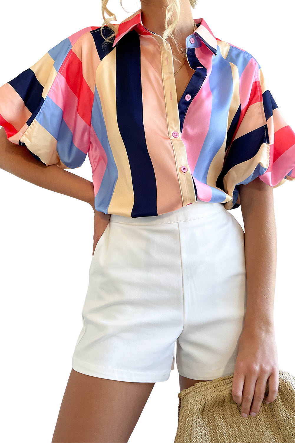 Camicia con bottoni e maniche a sbuffo a righe multicolor color block