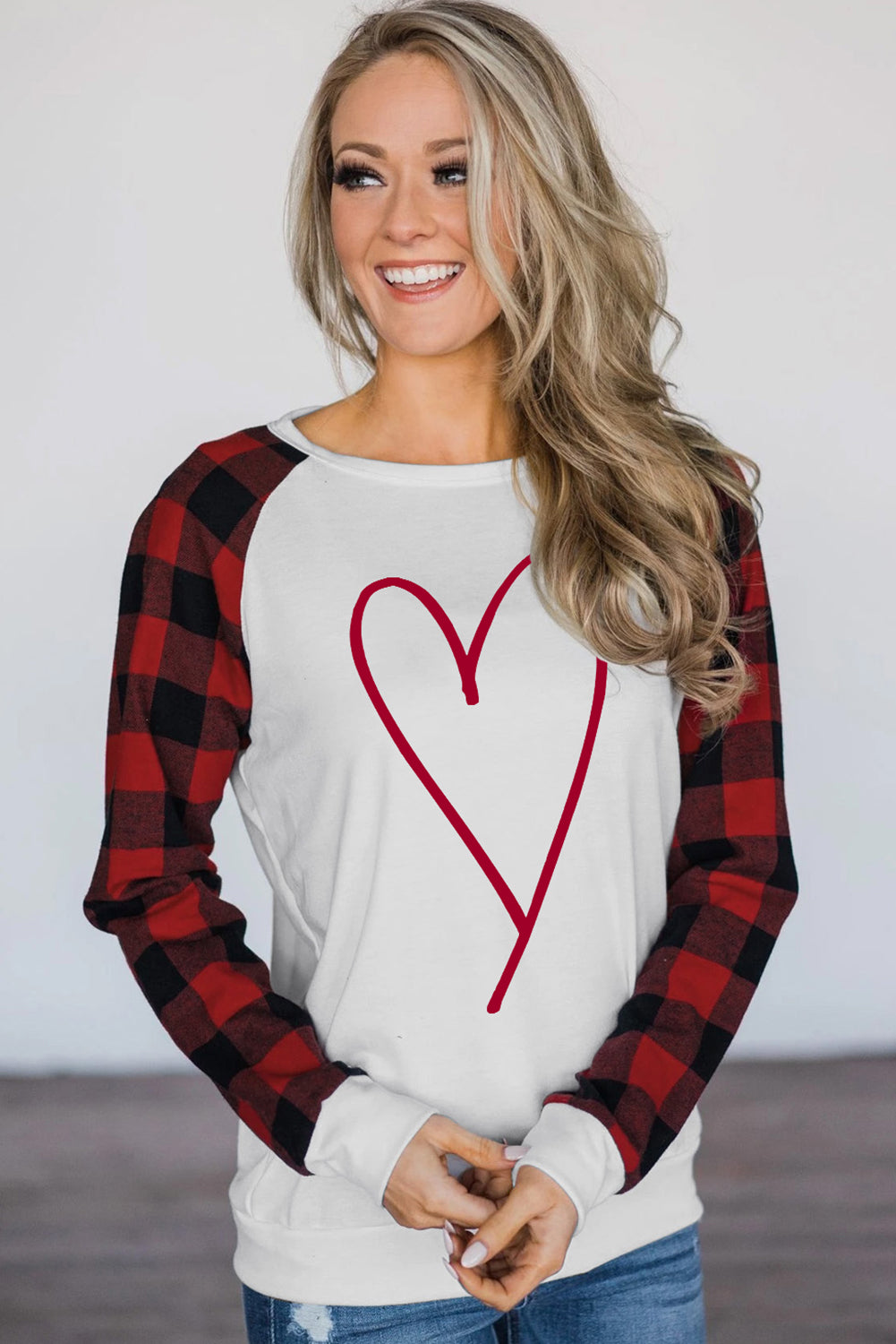 Valentine Heart Print Plaid Long Sleeve Pullover Sweatshirt