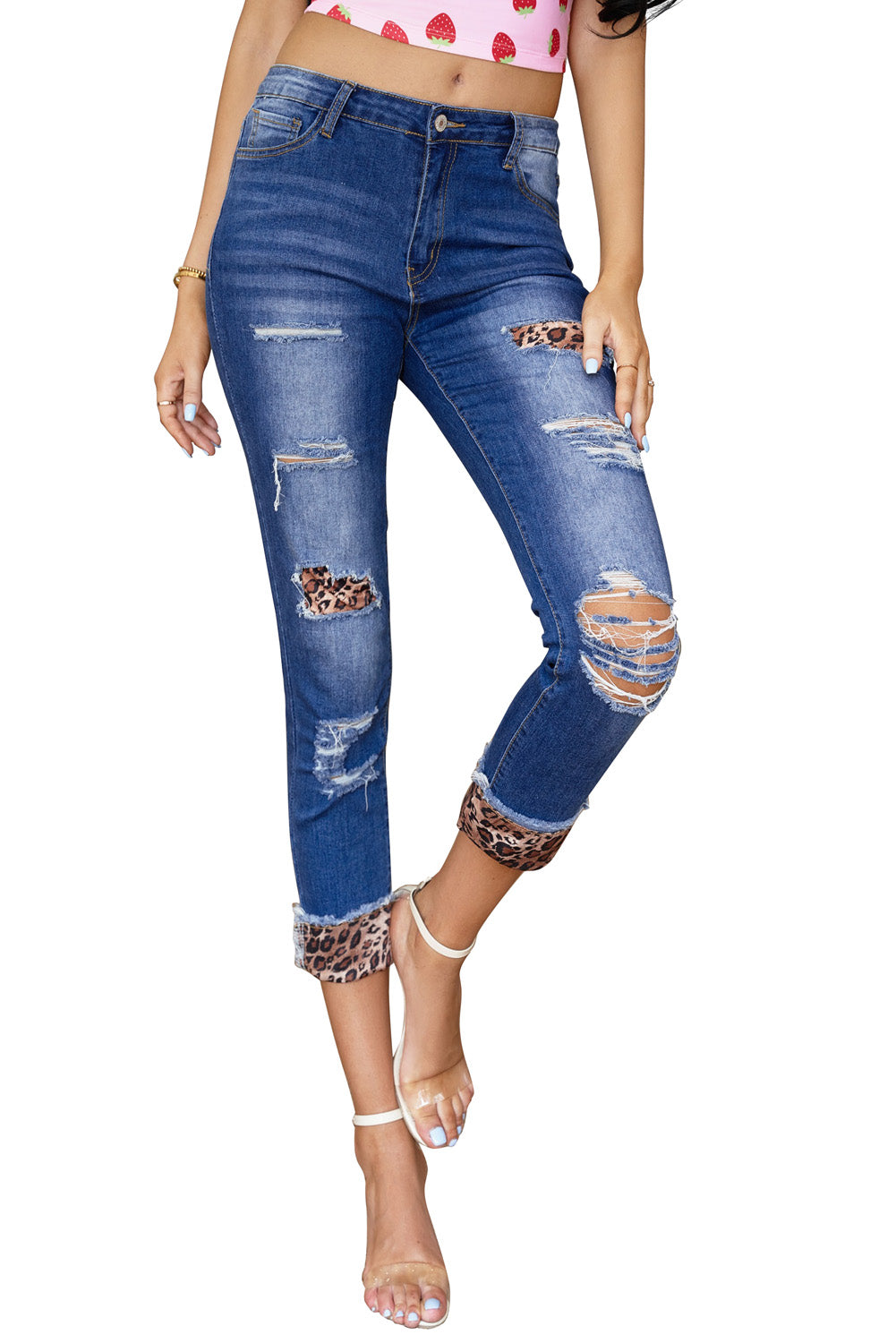 Distressed Leopard Patches Blue Skinny Jeans
