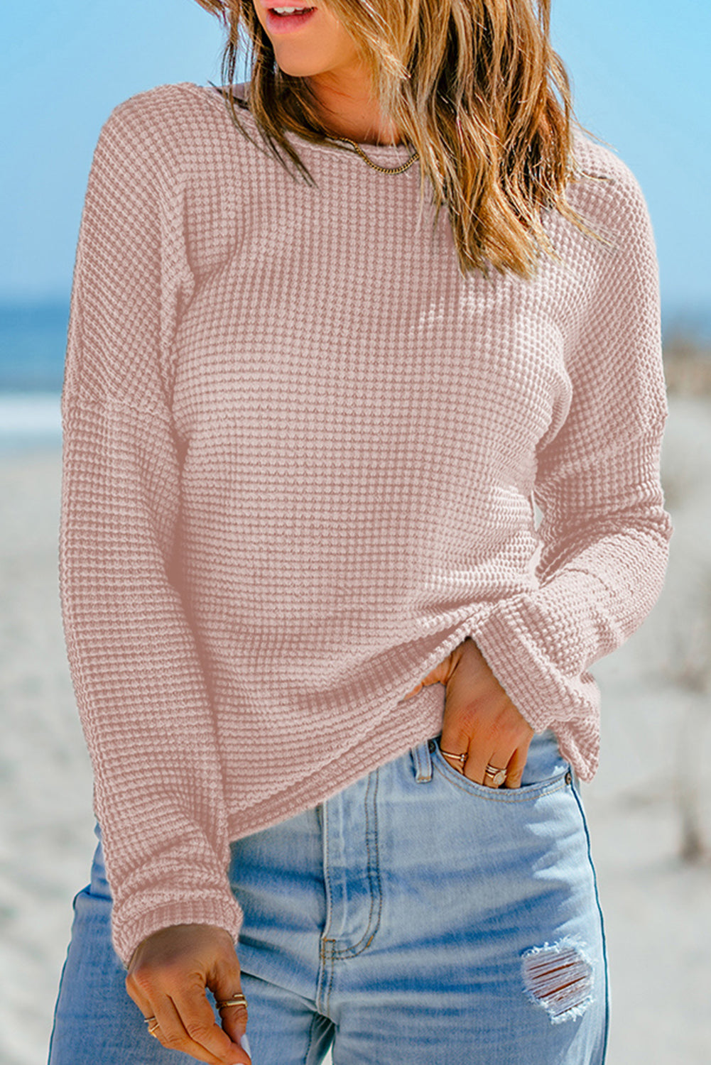 Light Grey Waffle Knit Drop Shoulder Long Sleeve Top