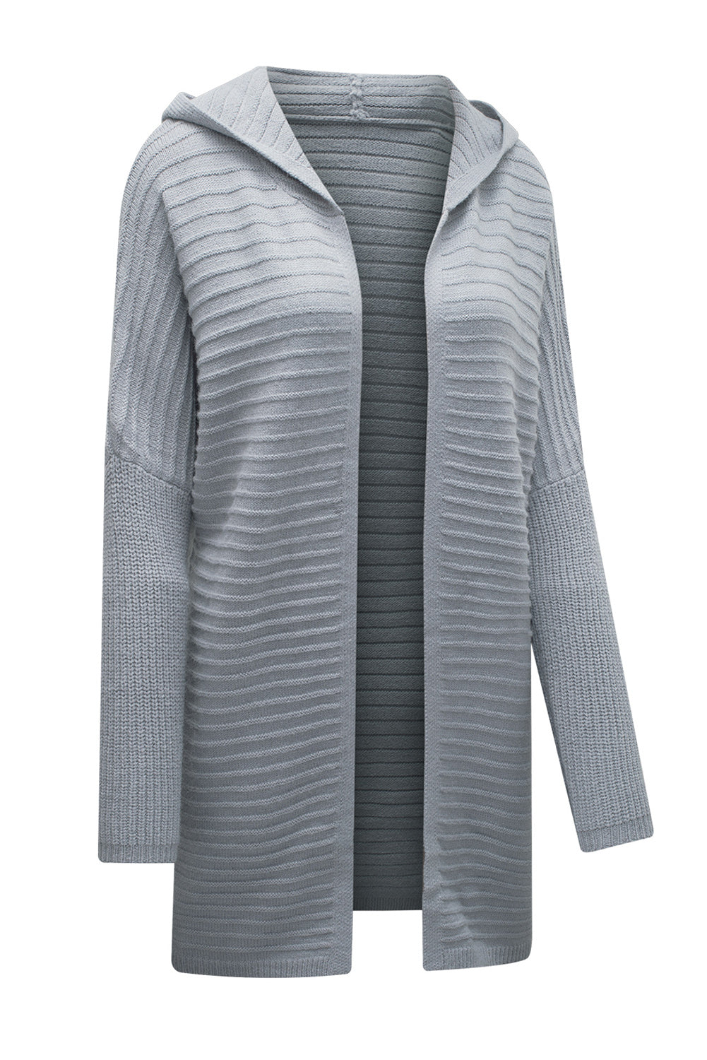 Cardigan à capuche gris en maille côtelée horizontale ouvert sur le devant
