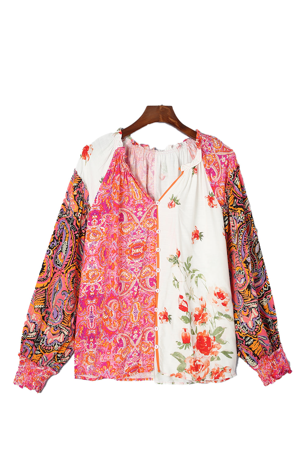Večbarvna bluza z v-izrezom z manšetami in gumbi v stilu patchwork