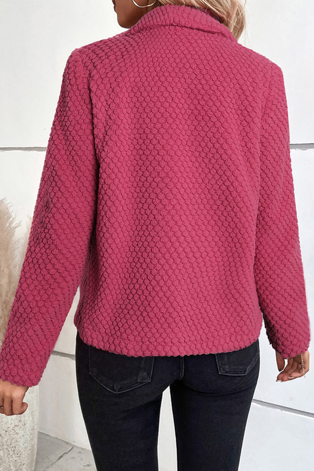 Jacke aus strukturiertem Fleece in Erdbeerrosa mit Reverskragen und offener Vorderseite