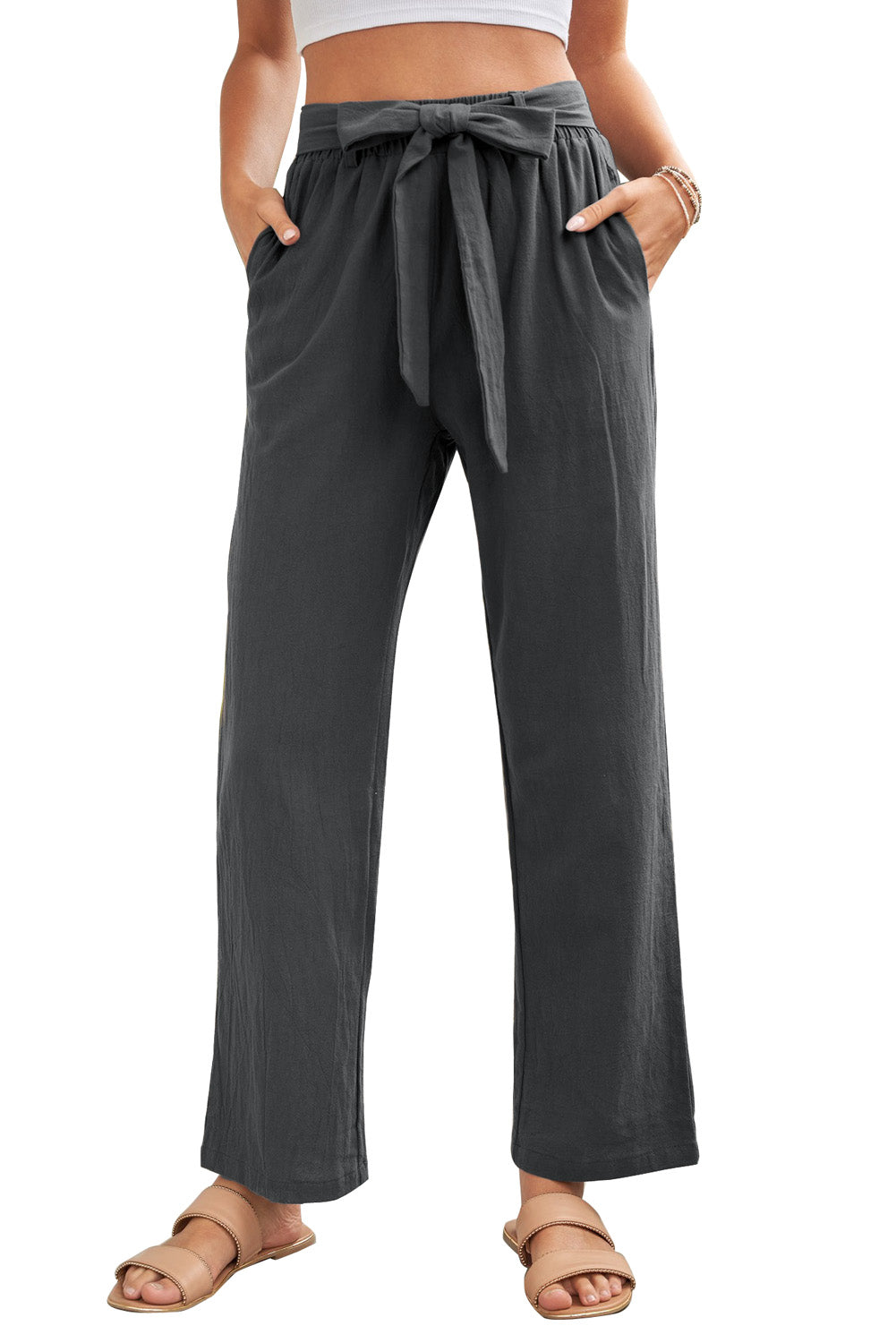 Pantalon large noir à taille élastique et cordon de serrage